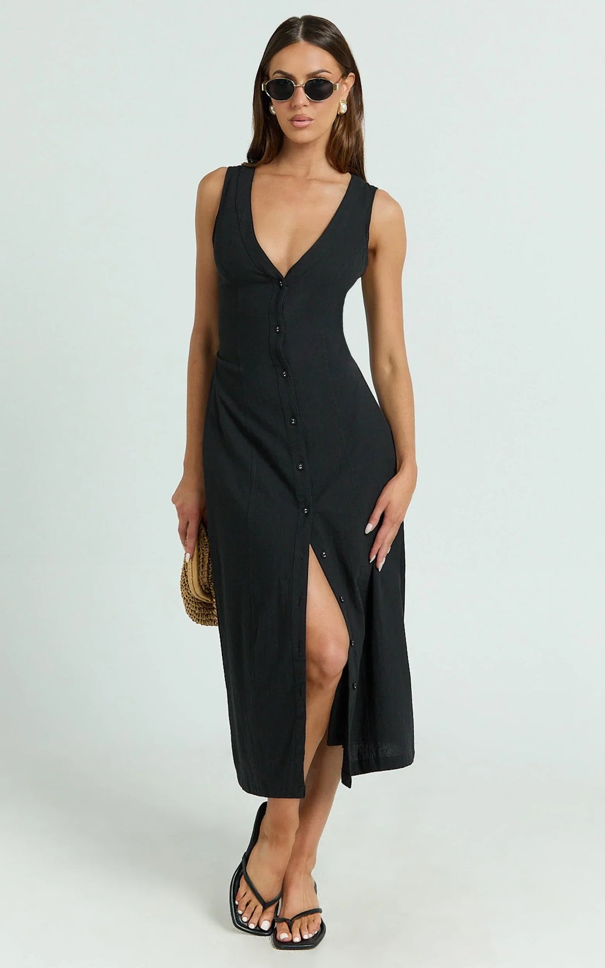 Juliet Midi Dress - Button Through V Neck Dress in Black