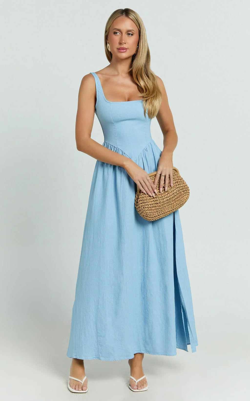 Rhaziya Midi Dress - Sleeveless Straight Neck Fit and Flare Dress in Blue