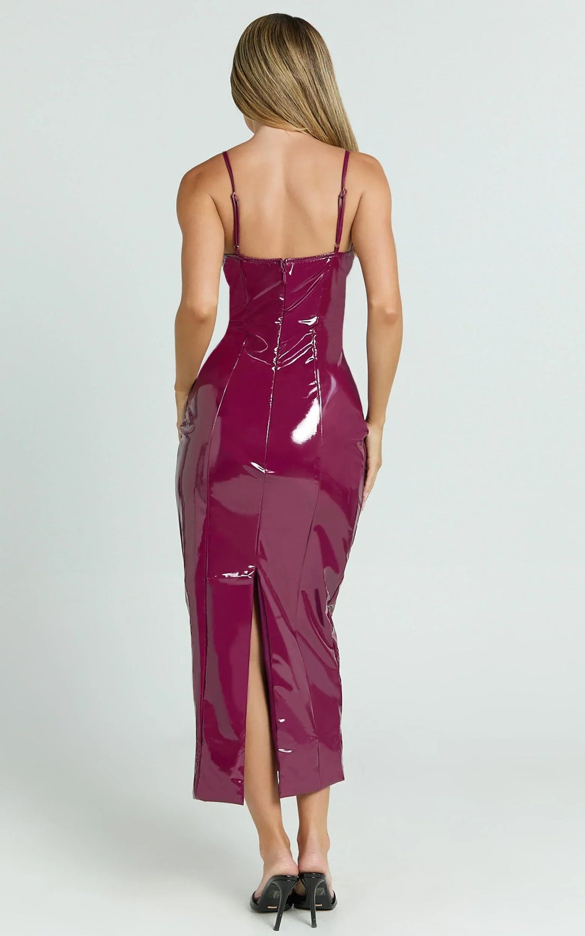 Callie Midi Dress - PU Sweetheart Neck Back Split Bodycon Dress in Dark Cherry