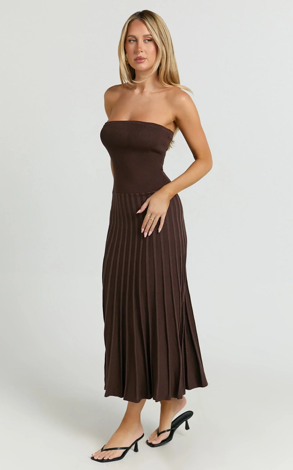 Paris Midi Dress - Strapless Drop Waist Pleated Knit Dress in Chocolate
