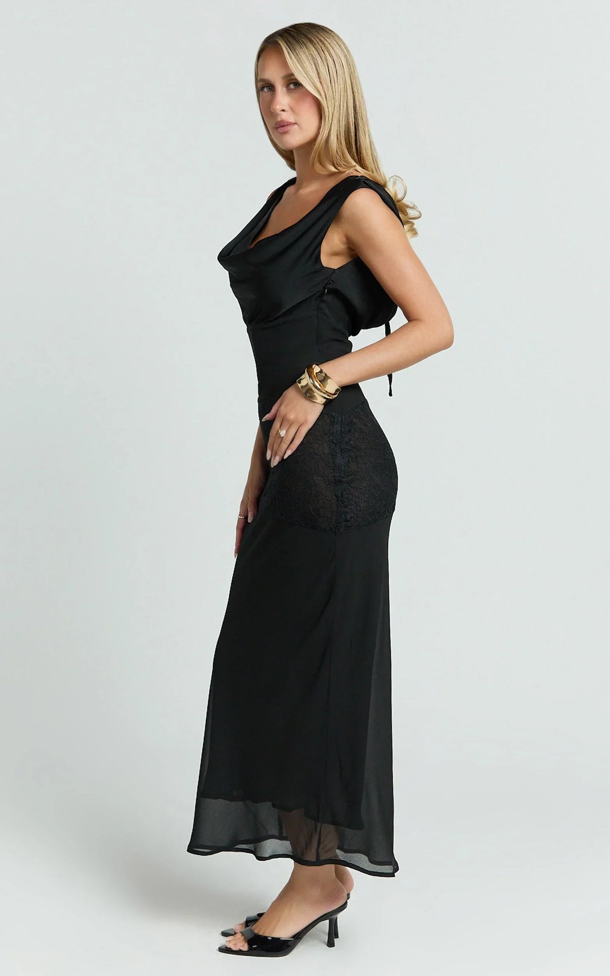 Nova Midi Dress - Lace Cowl Neck Tie Back Dress in Black