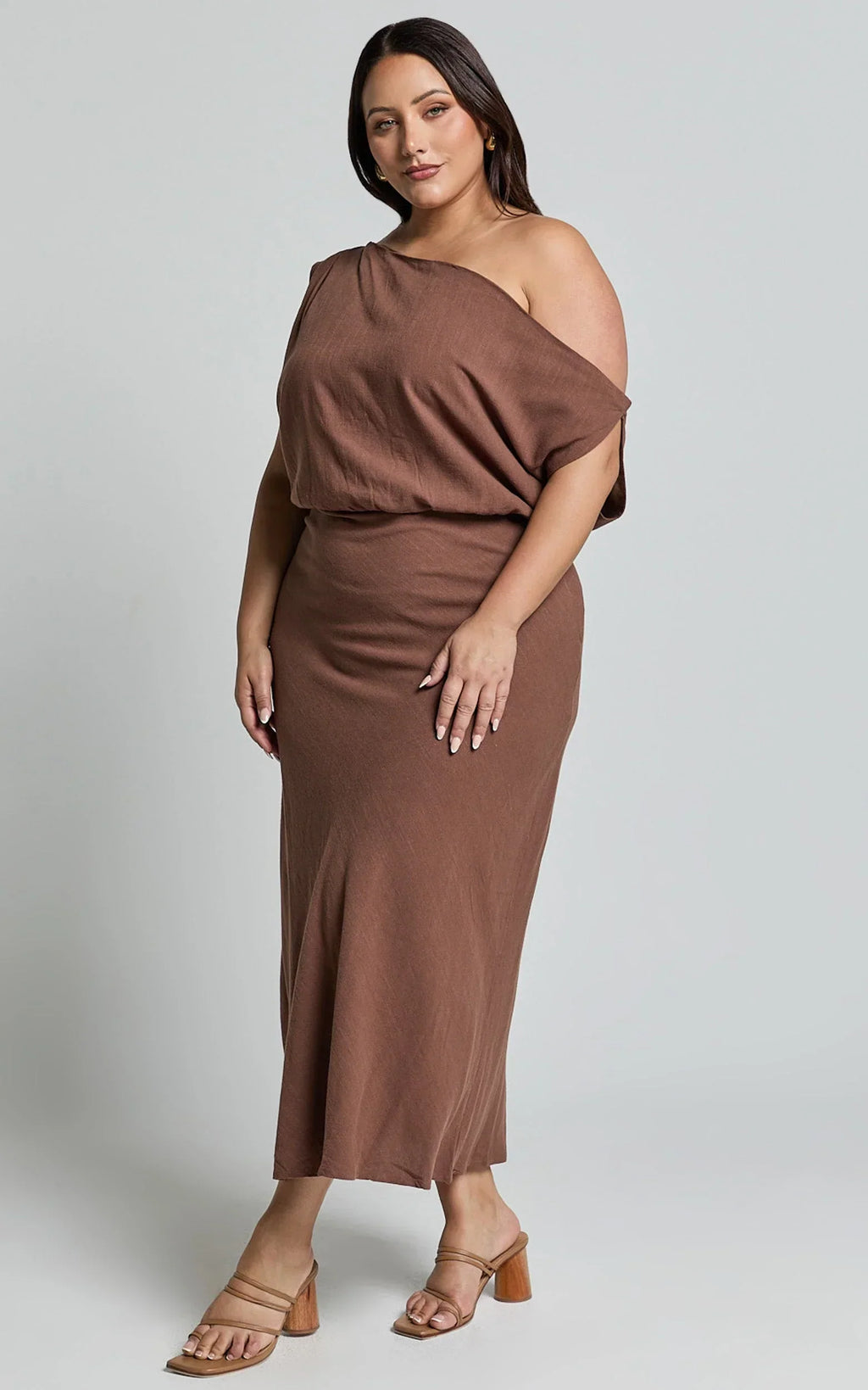 Jacqueline Midi Dress - Linen One Shoulder Dress in Chocolate
