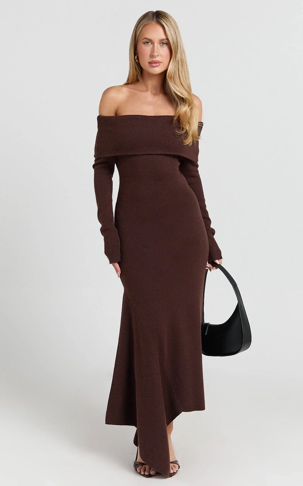 Karina Midi Dress - Long Sleeve Folded Off Shoulder Asymmetric Dress in Chocolate