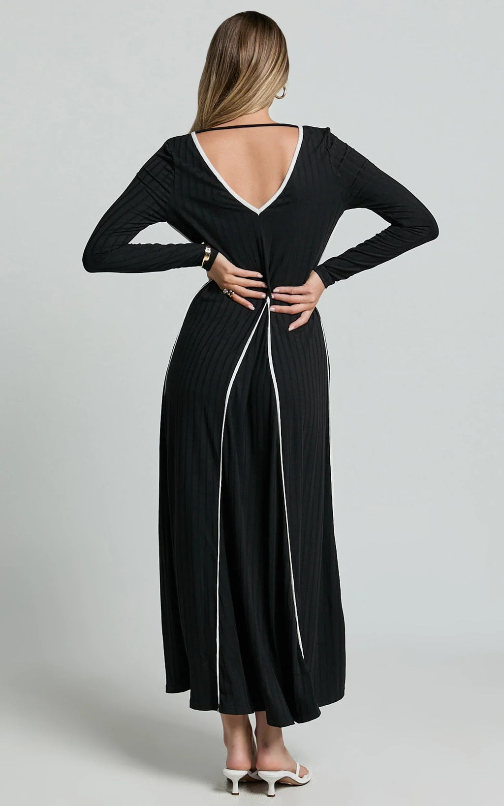 Margie Midi Dress - Long Sleeve Contrast Bind Ribbed Dress in Black