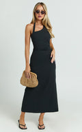 Lindley Midi Dress - Halter Neck Linen Look Dress in Black