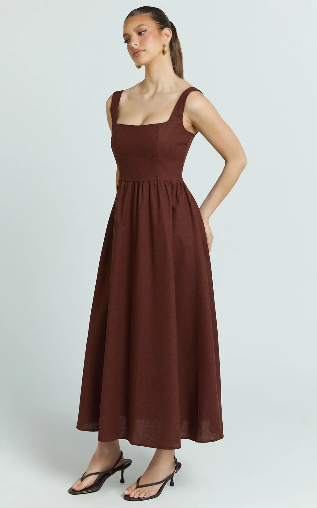 Khari Midi Dress - Linen Look Square A Line Dress in Chocolate