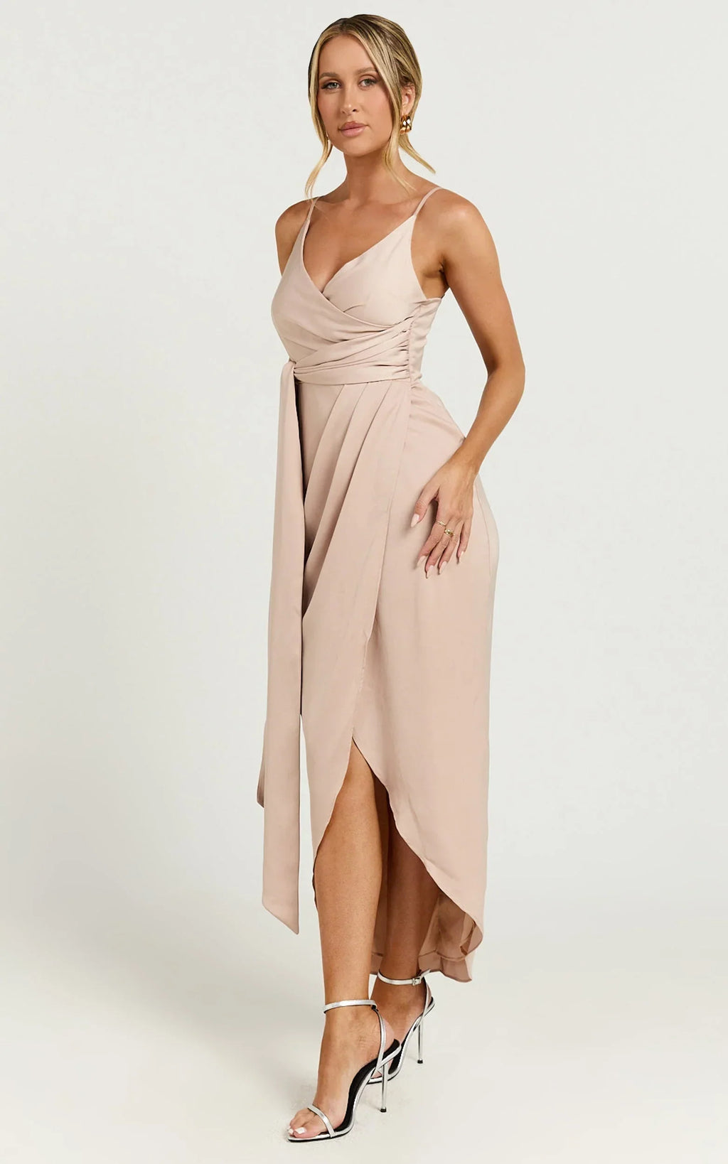 How Will I Know Midi Dress - Wrap Waist Tie Tulip Hem Dress in Champagne