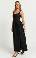 Rhaziya Midi Dress - Sleeveless Straight Neck Fit and Flare Dress in Black