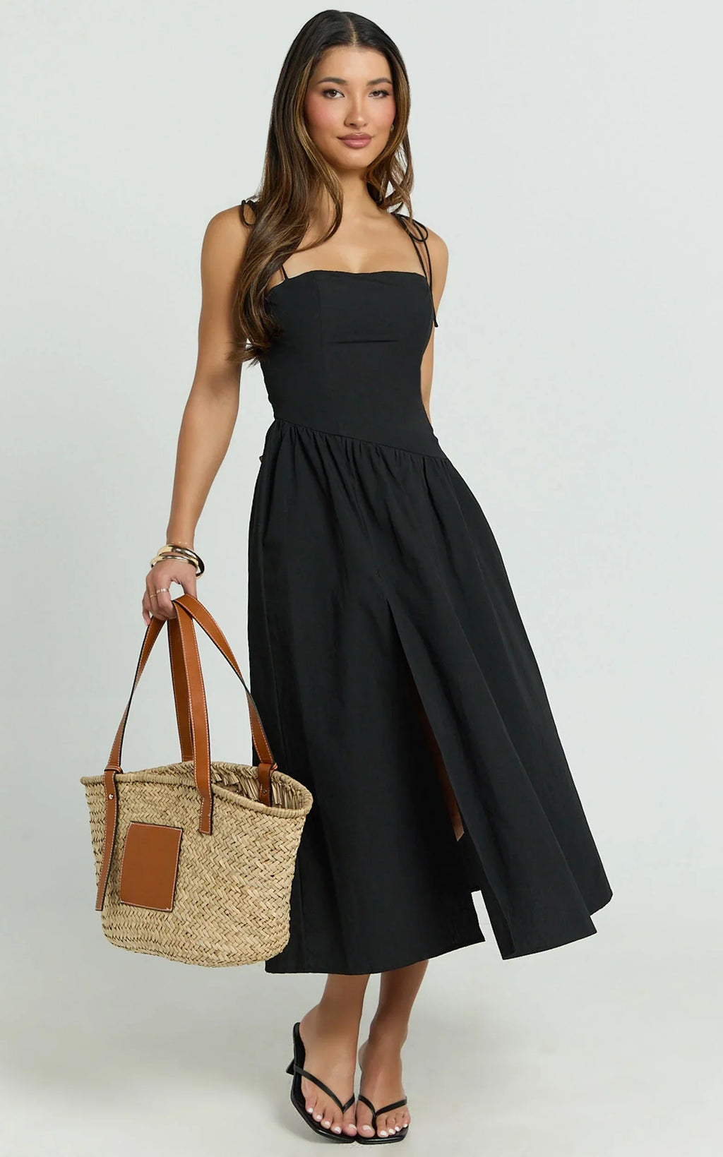 Myrtle Midi Dress - Straight Neck Curved Drop Waist Gathered Full Skirt Dress in Black