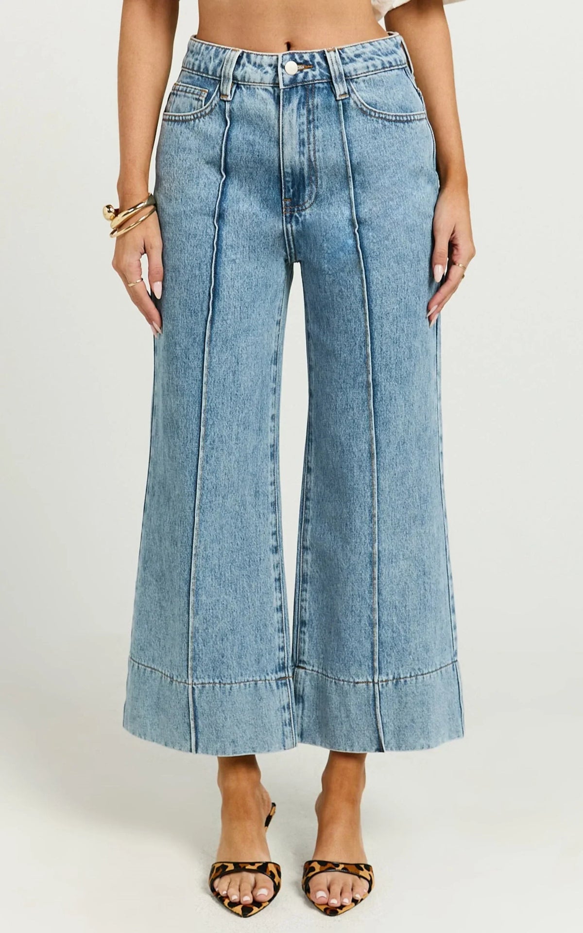 Jolene Jeans - Mid Rise Wide Leg Recycled Denim Cropped Jeans in Mid Blue Wash