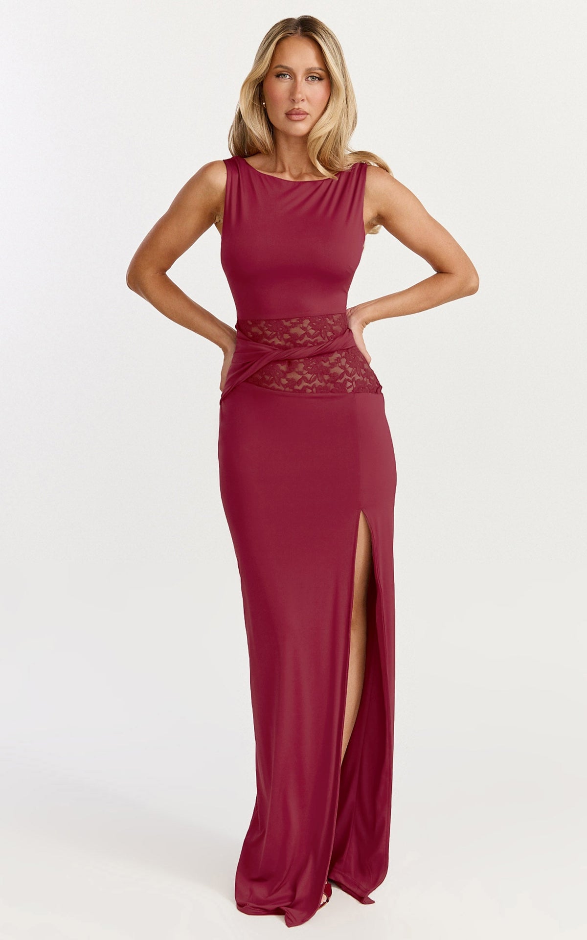 Alberta Maxi Dress - Spliced Sheer Lace Column Dress in Wine