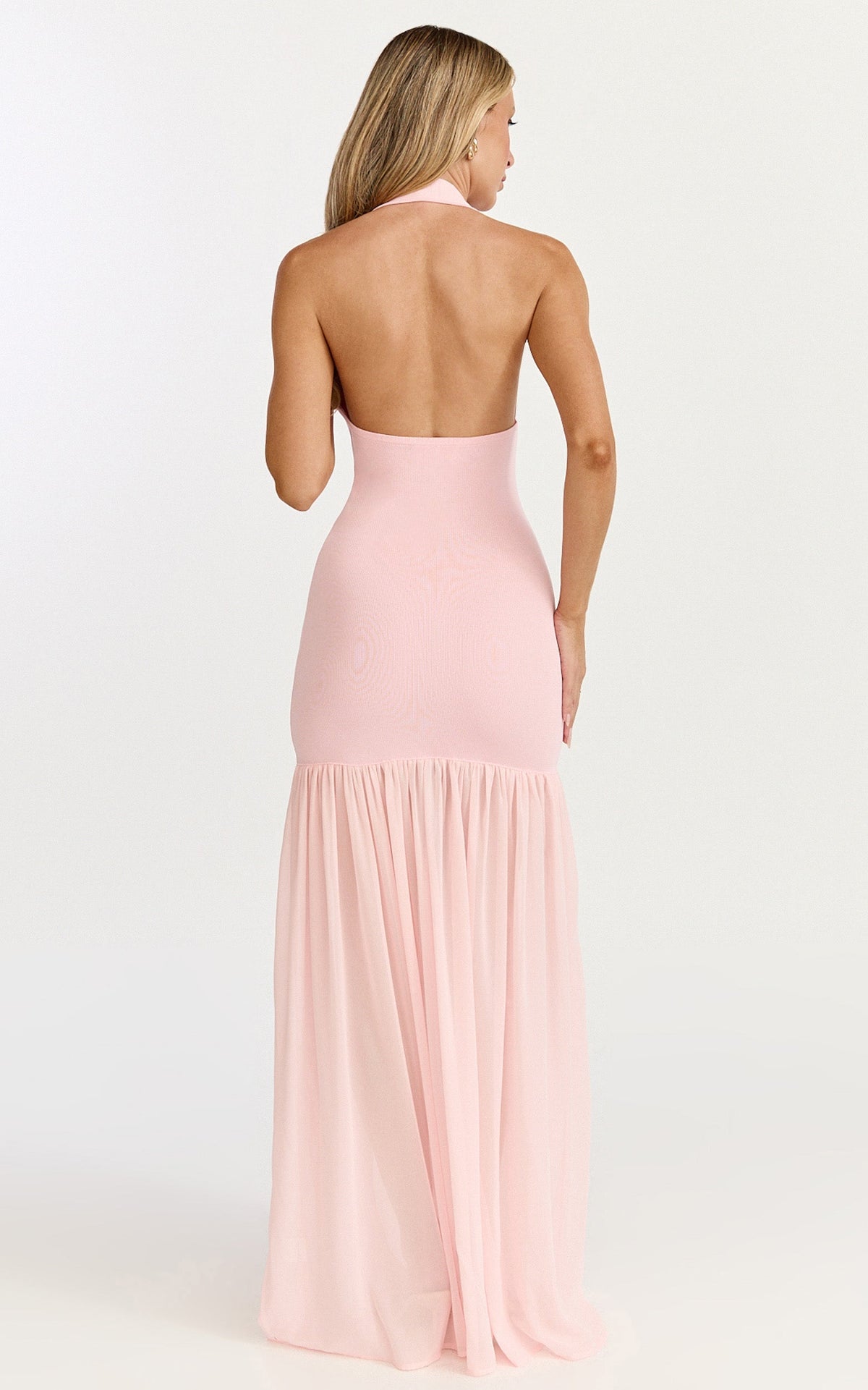 Barbara Maxi Dress - Halter Scoop Neck Contrast Georgette Dress in Pink