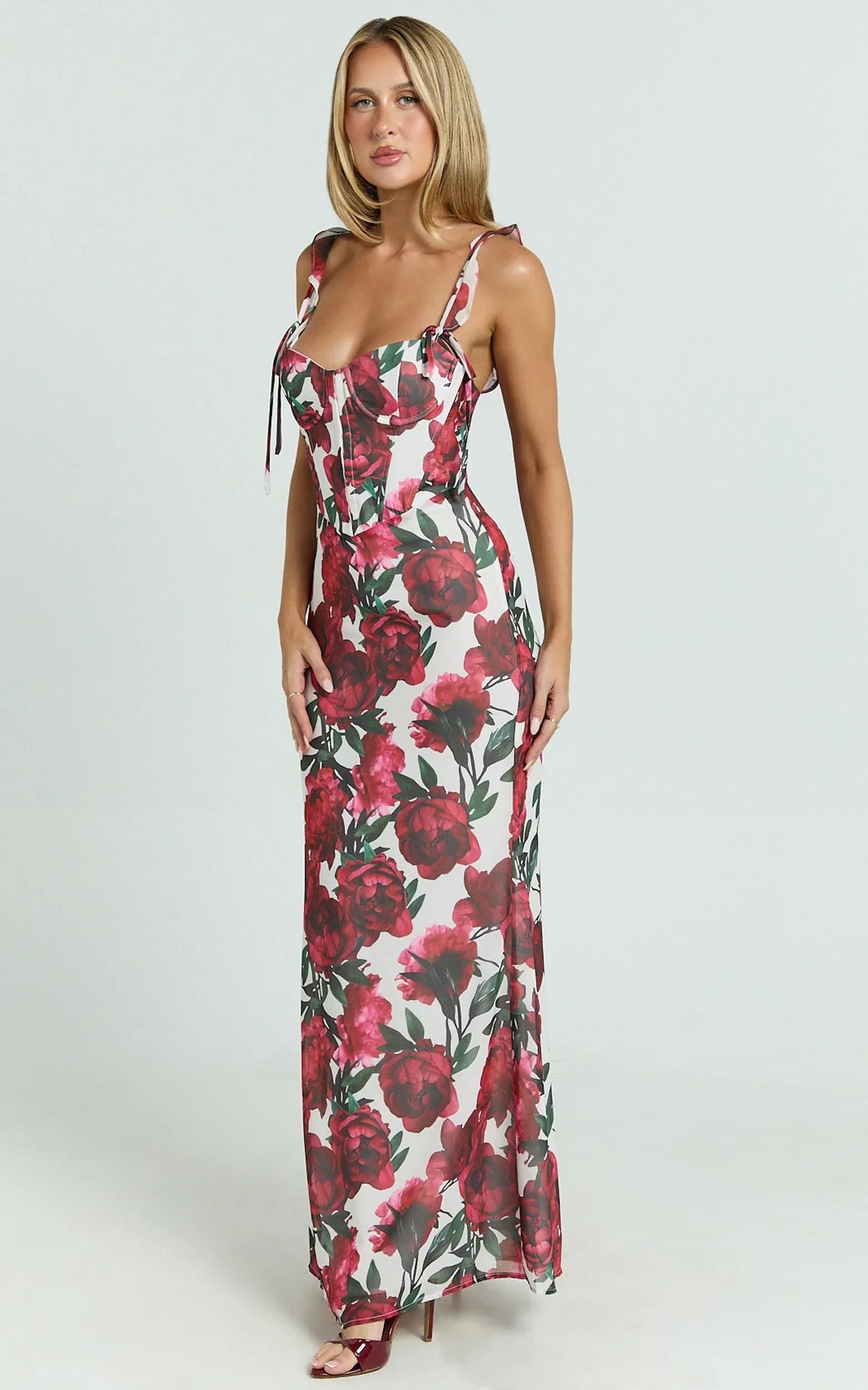 Mabel Maxi Dress - Georgette Frill Sleeve Sweetheart Bias Cut Dress in Rose Blanca