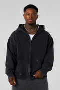 5102 - Elevated Essentials - Zip-Ups - Full-zip heavyweight terry cotton hoodie with front pockets, ribbed finishes, smooth zipper, and minimal 'Elevated' print in colour Black Wash.