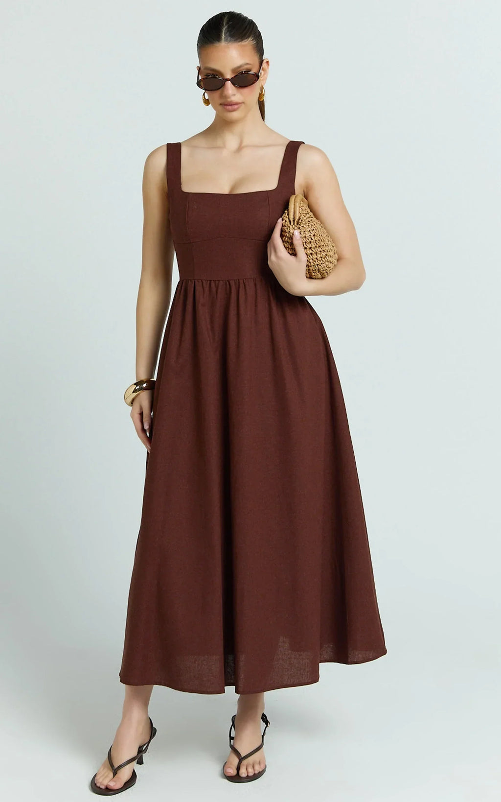 Khari Midi Dress - Linen Look Square A Line Dress in Chocolate