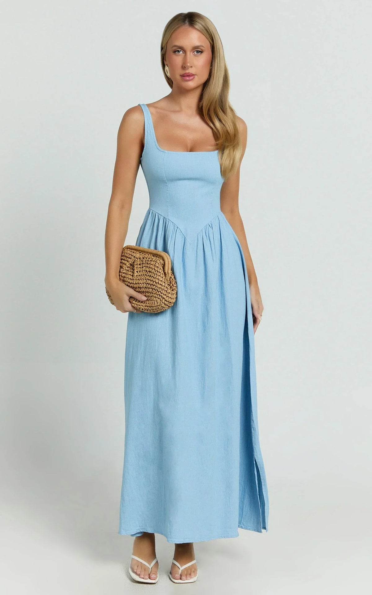 Rhaziya Midi Dress - Sleeveless Straight Neck Fit and Flare Dress in Blue