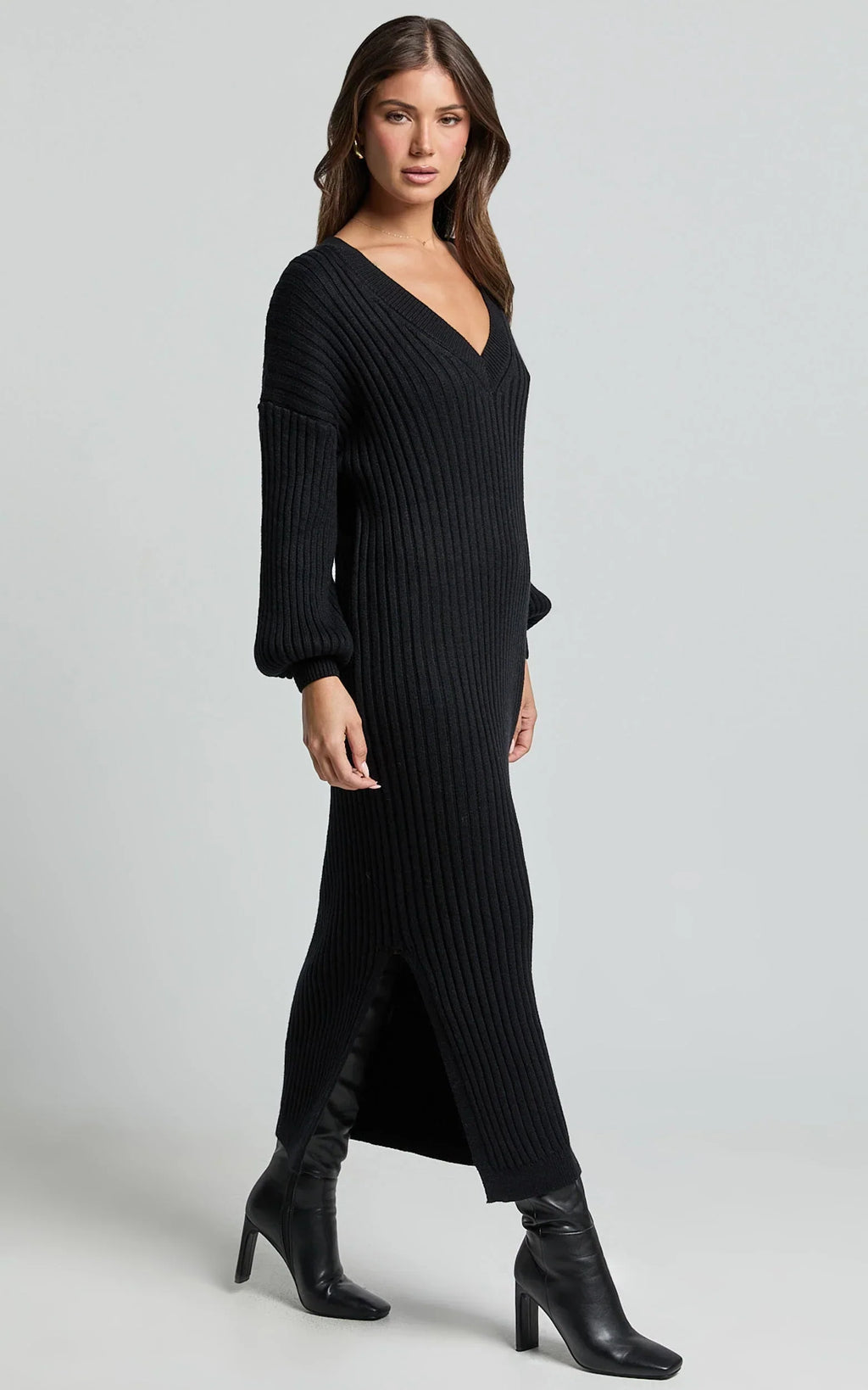Kartia Midi Dress - V Neck Knit Dress in Black