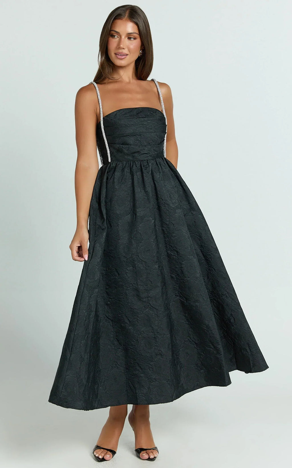 Alvia Midi Dress - Diamante Strap Ruched Straight Neck Dress in Black