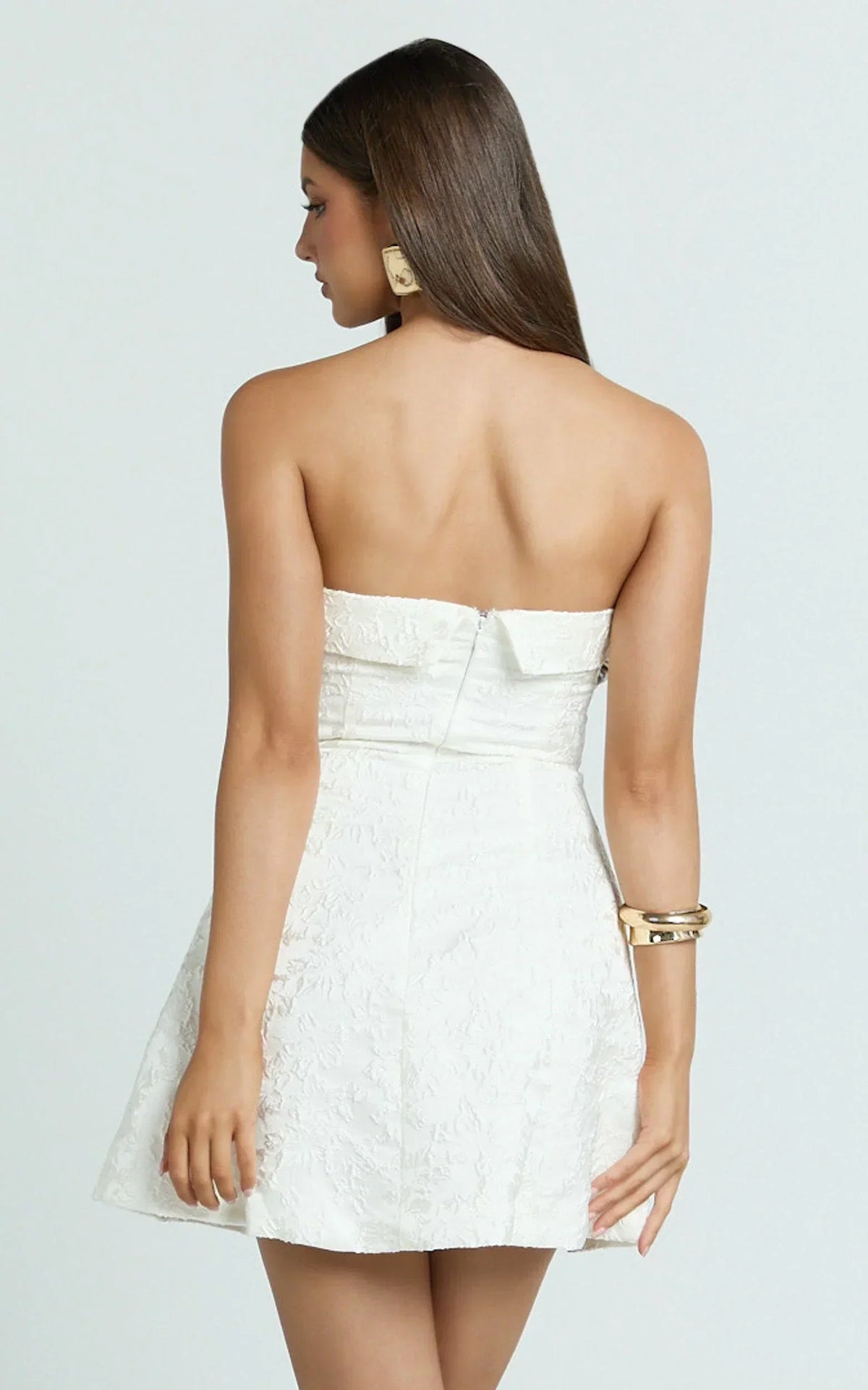 Courtney Mini Dress - Satin Paneled Strapless A Line Dress in White