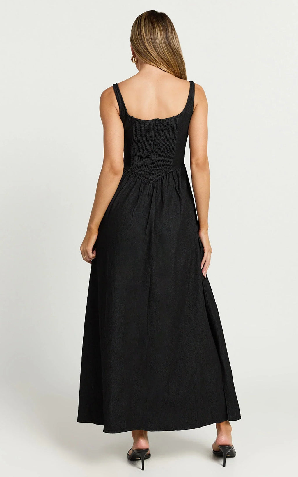 Rhaziya Midi Dress - Sleeveless Straight Neck Fit and Flare Dress in Black