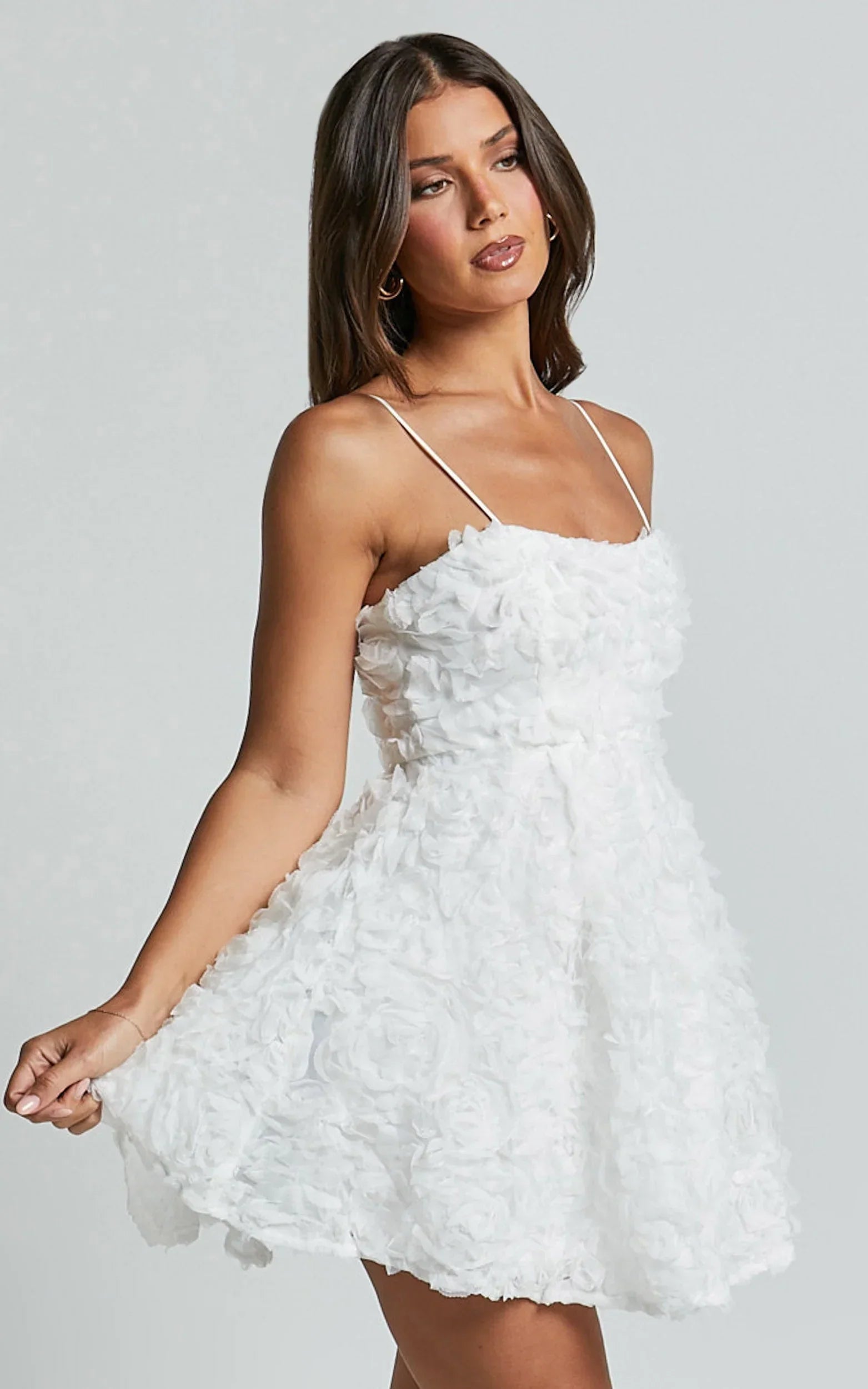 Alvia Mini Dress - 3d Flower Full Skirt Dress in White