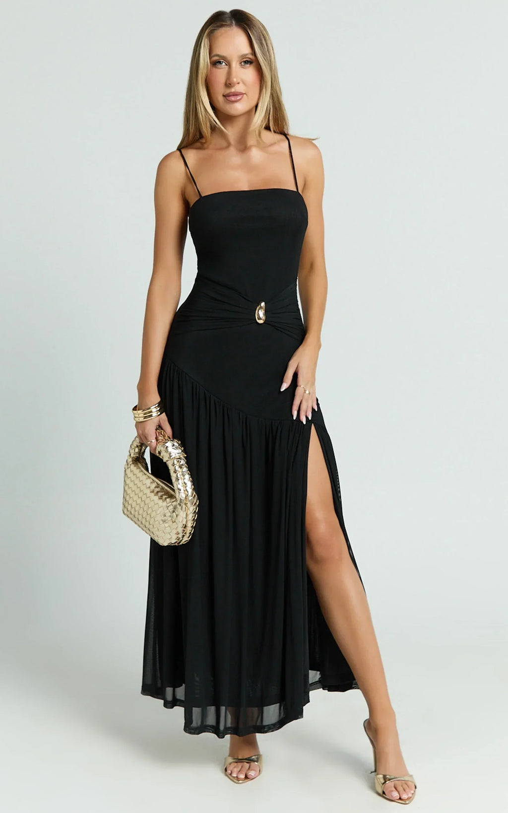 Nathaly Midi Dress - Drop Waist Dress with Gold Detail in Black