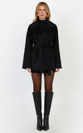 Dahlia Coat - Single Breasted Belted Short Wool Like Coat in Black