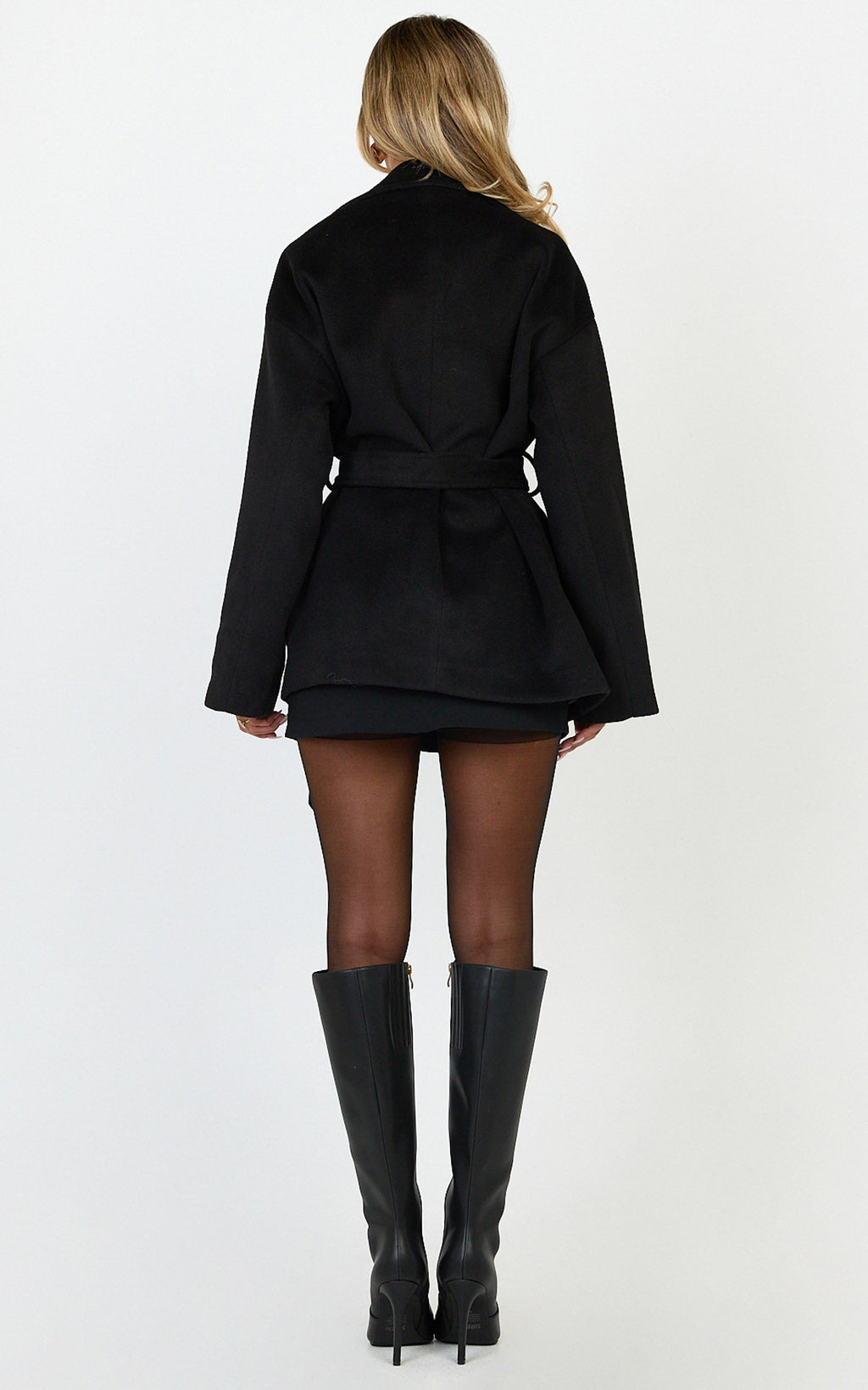Dahlia Coat - Single Breasted Belted Short Wool Like Coat in Black