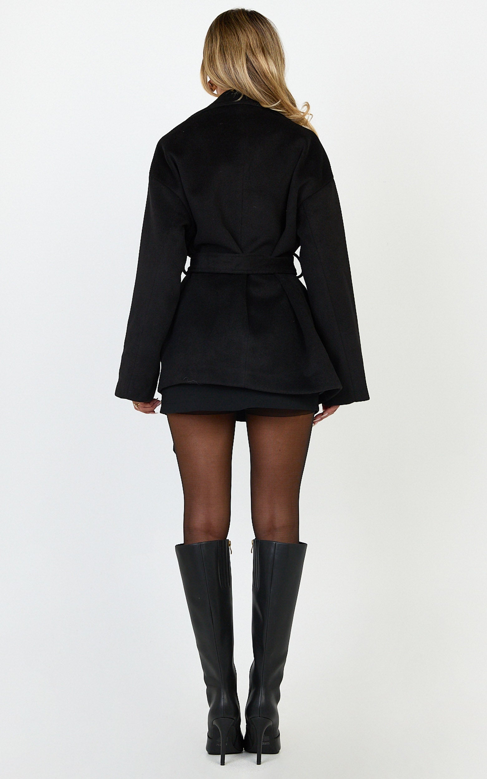 Dahlia Coat - Single Breasted Belted Short Wool Like Coat in Black