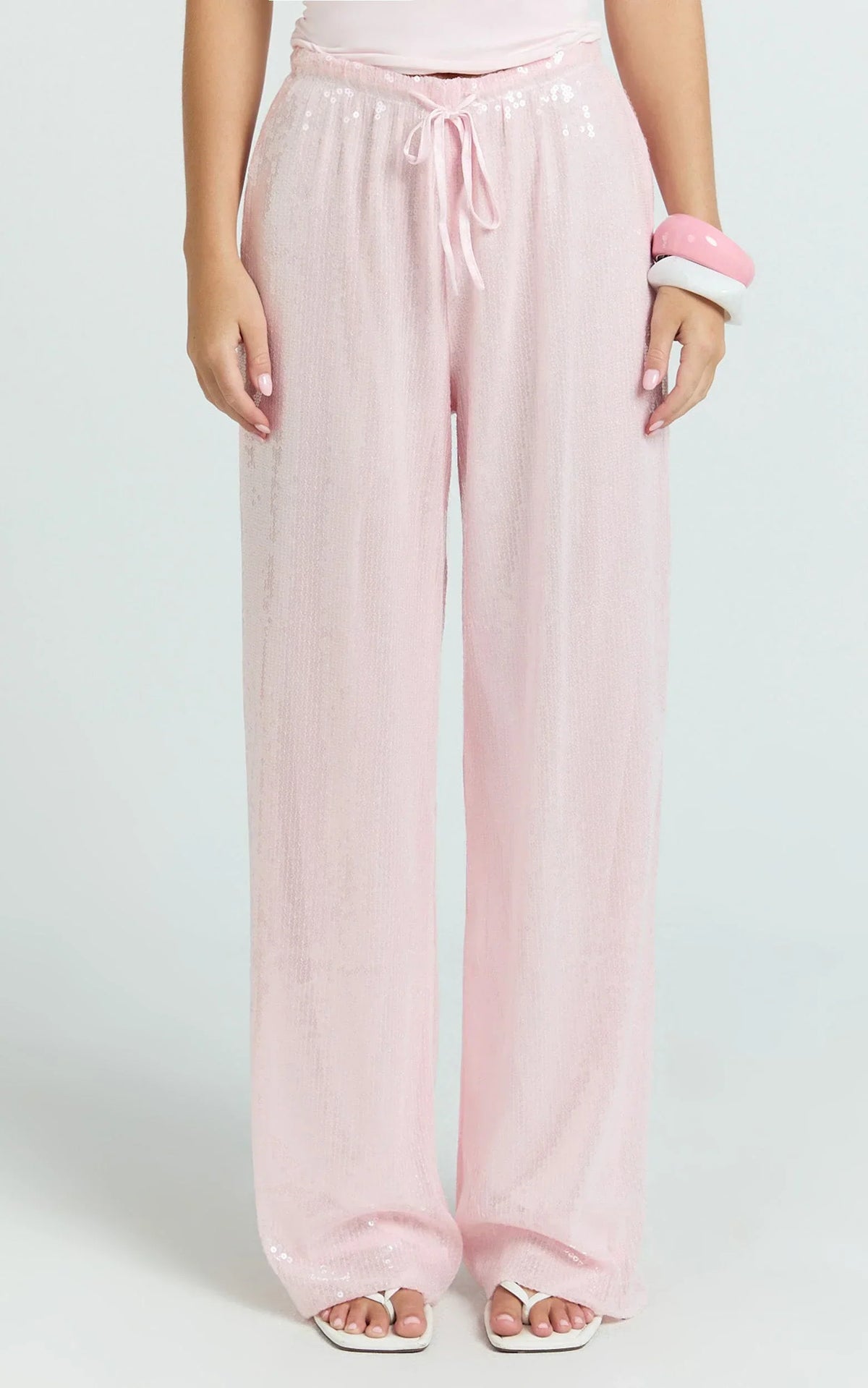 Mia Pants - Relaxed Drawstring Waist Sequin Pants in Baby Pink