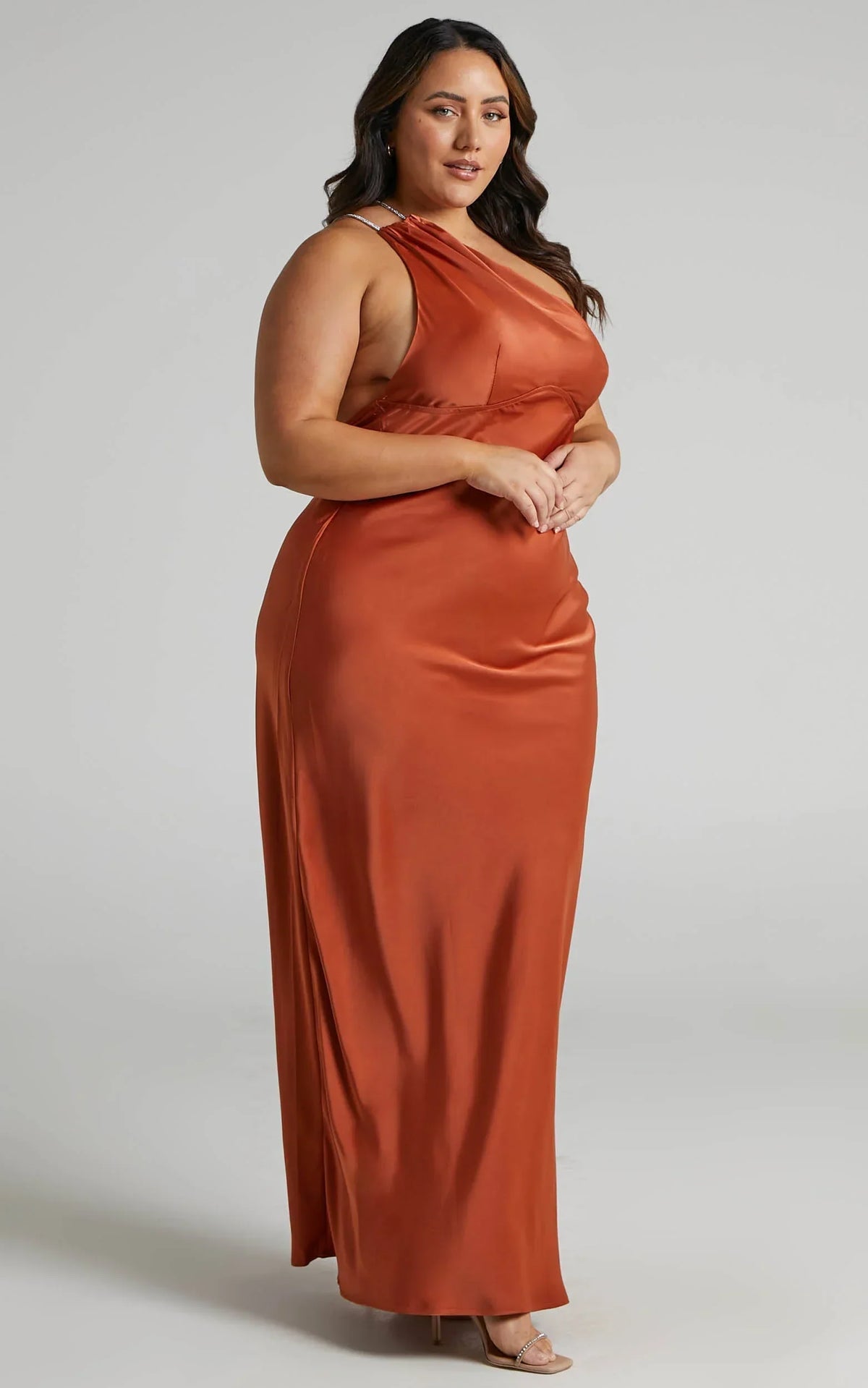 Elzales Midi Dress - One Shoulder Beaded Strap Satin Dress in Rust