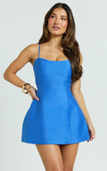 Carolina Mini Dress - Scoop Neck Panel Bodice Dress in Blue