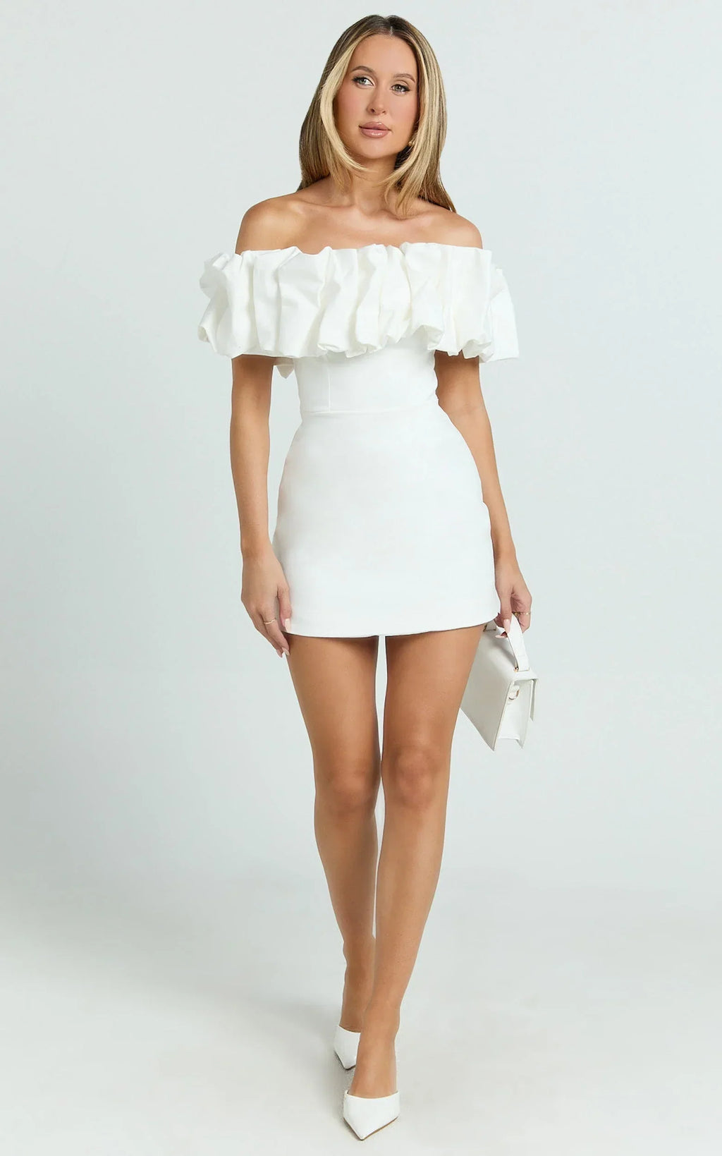 Coraline Mini Dress - Ruffle Off Shoulder Fitted Dress in White