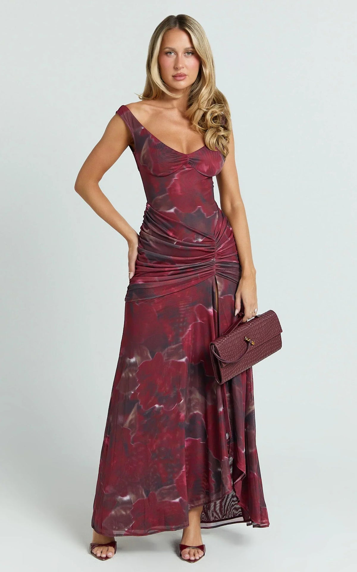 Demetria Midi Dress - Floral Mesh Printed Bodycon Dress in Burgundy Rose