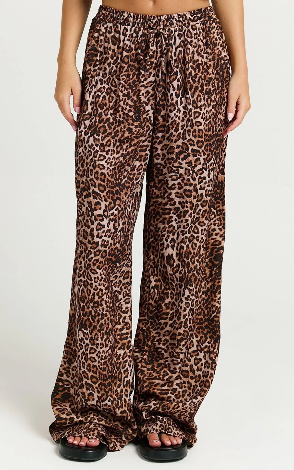 Lopez Linen Blend Pants - Elasticated Straight Leg Pants in Tonal Leopard Print