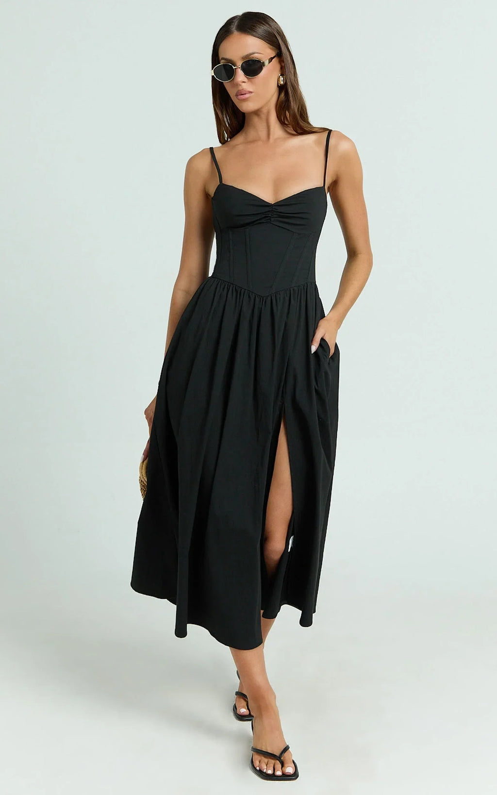 Maddie Midi Dress - Sweetheart Fit And Flare Gathered Dress in Black