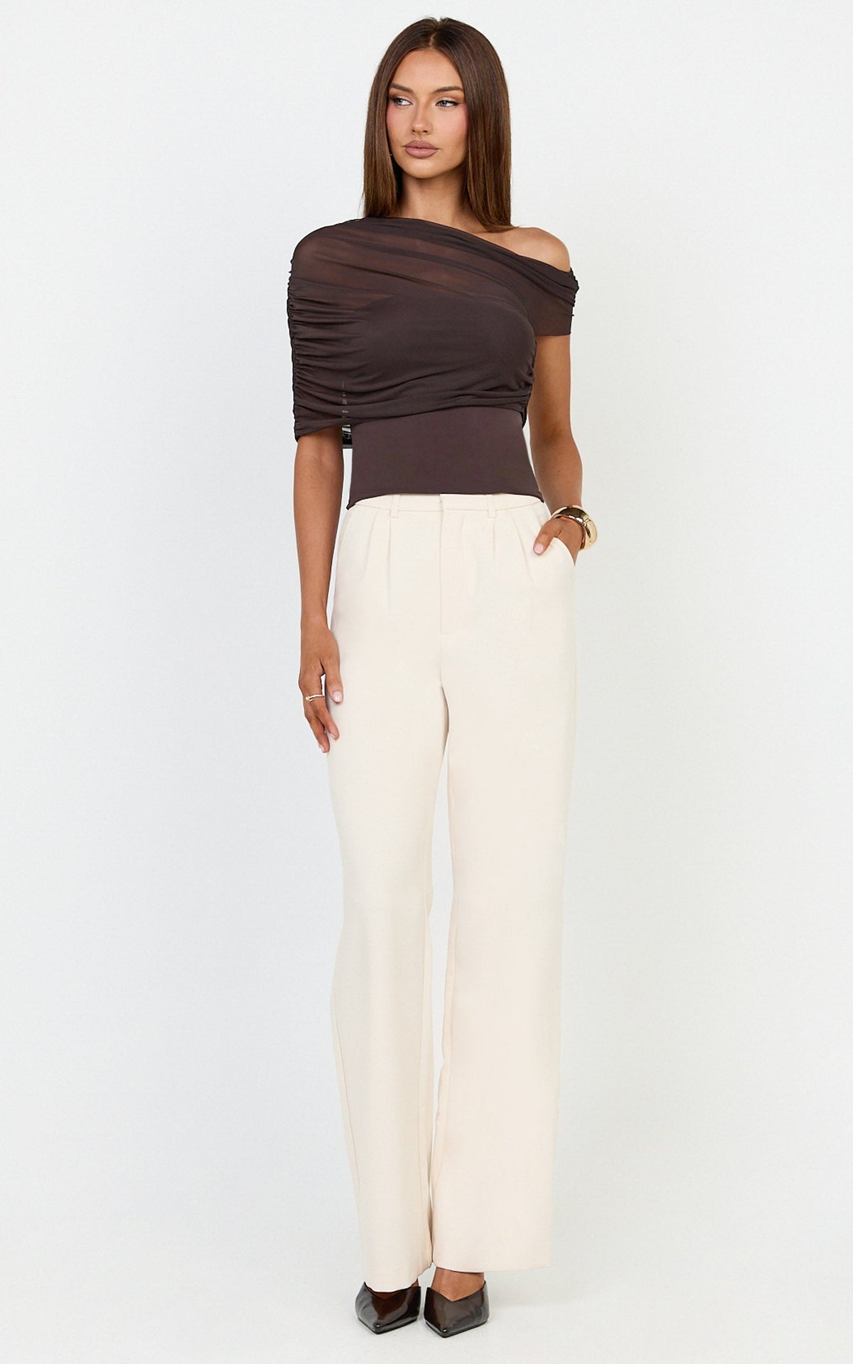 Sophia Top - Draped One Shoulder Mesh Overlay Top in Chocolate