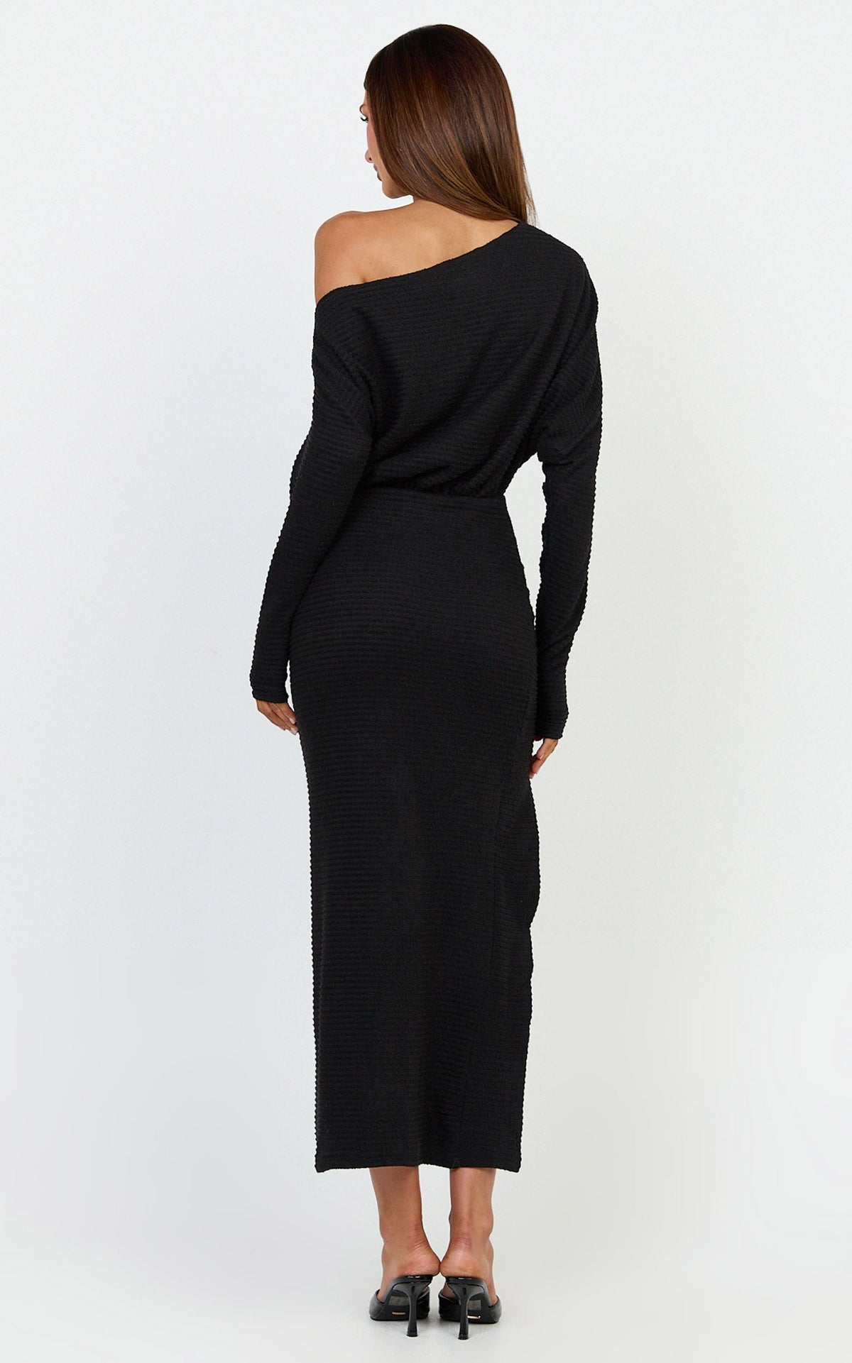 Alyce Midi Dress - Jersey Asymmetric Ruched Bodycon Dress in Black