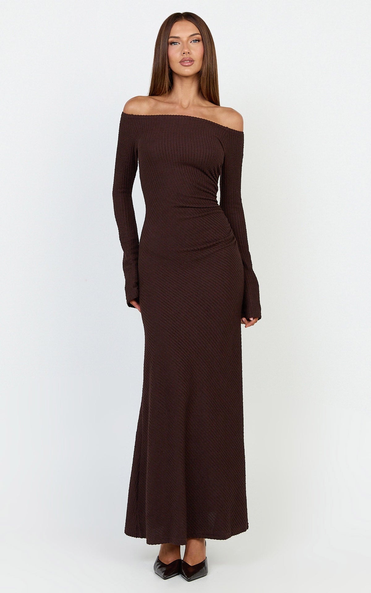 Ayla Maxi Dress - Off Shoulder Flared Sleeve Bodycon Dress in Chocolate