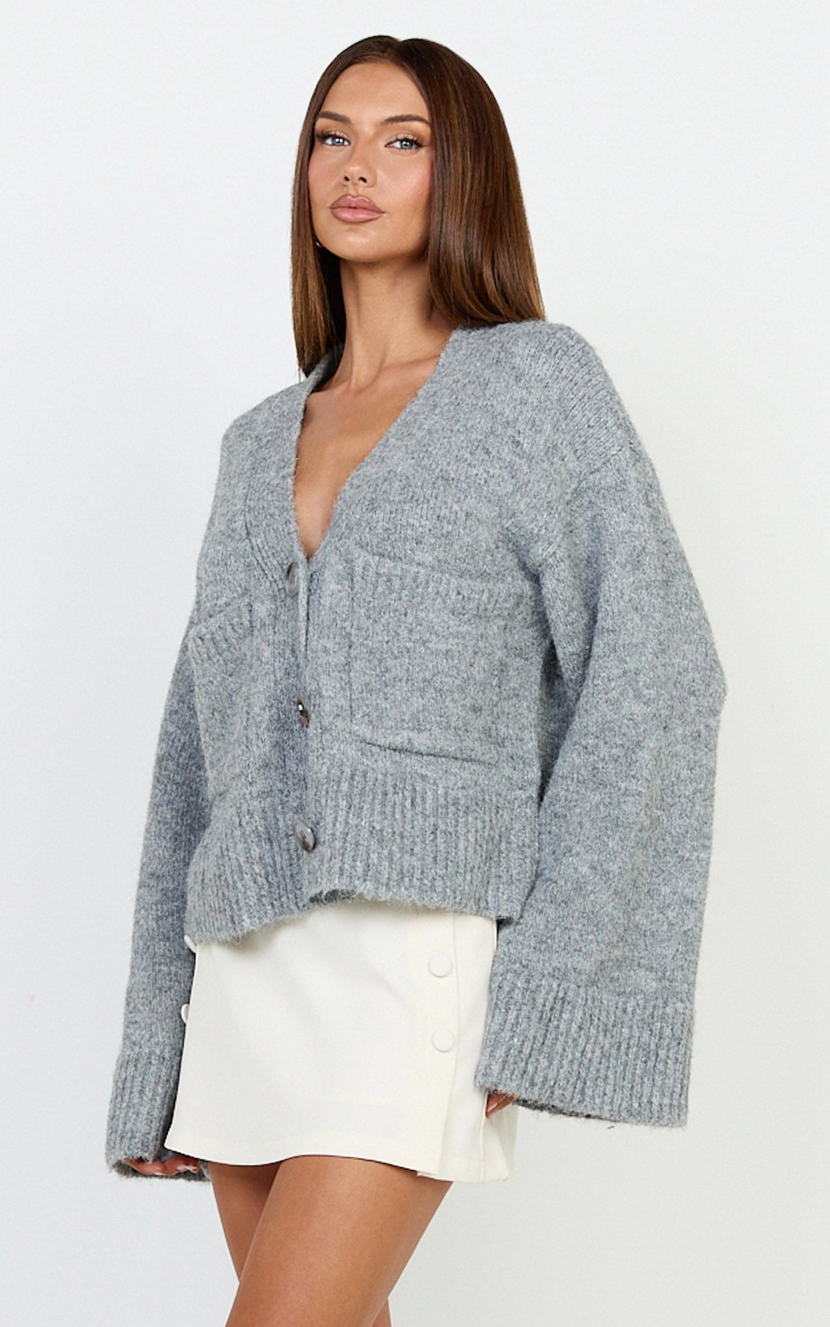 Becka Cardigan - Oversized Recycled Knitted Button Through Cardigan in Grey