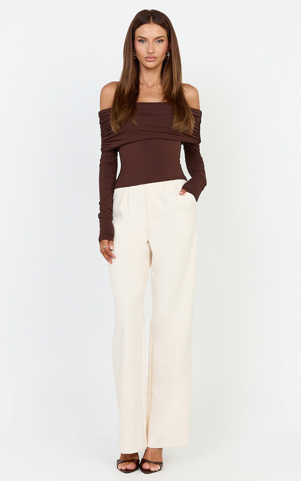 Jolie Top - Off Shoulder Long Sleeve Gathered Top in Chocolate