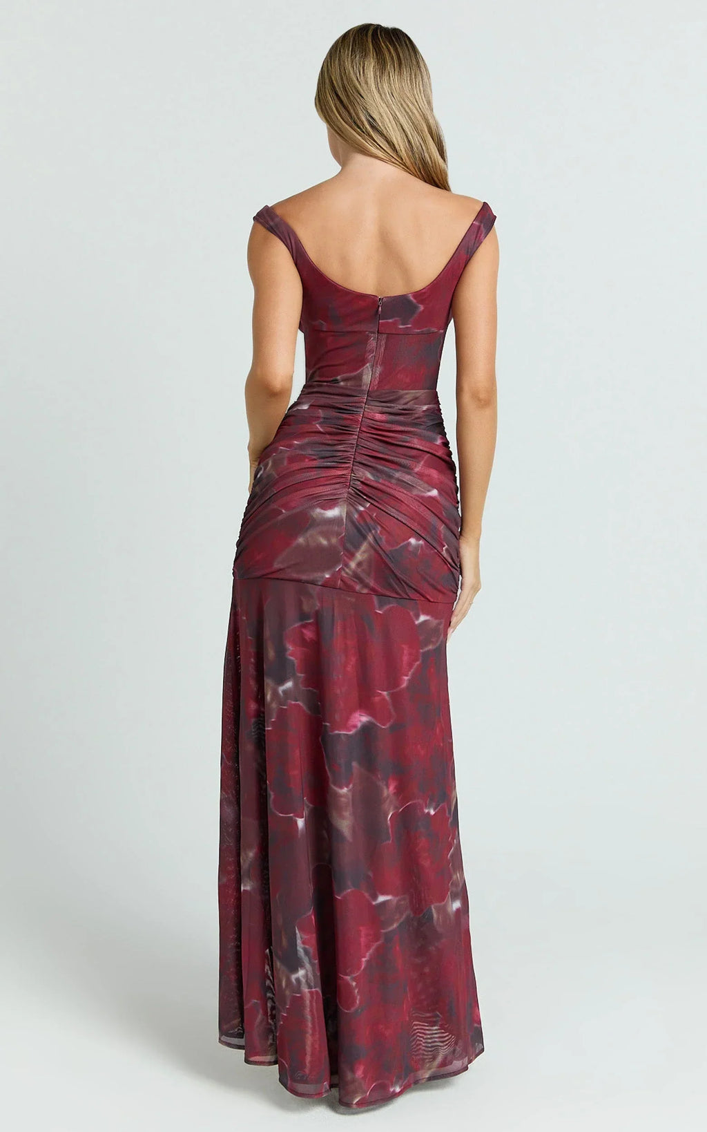 Demetria Midi Dress - Floral Mesh Printed Bodycon Dress in Burgundy Rose