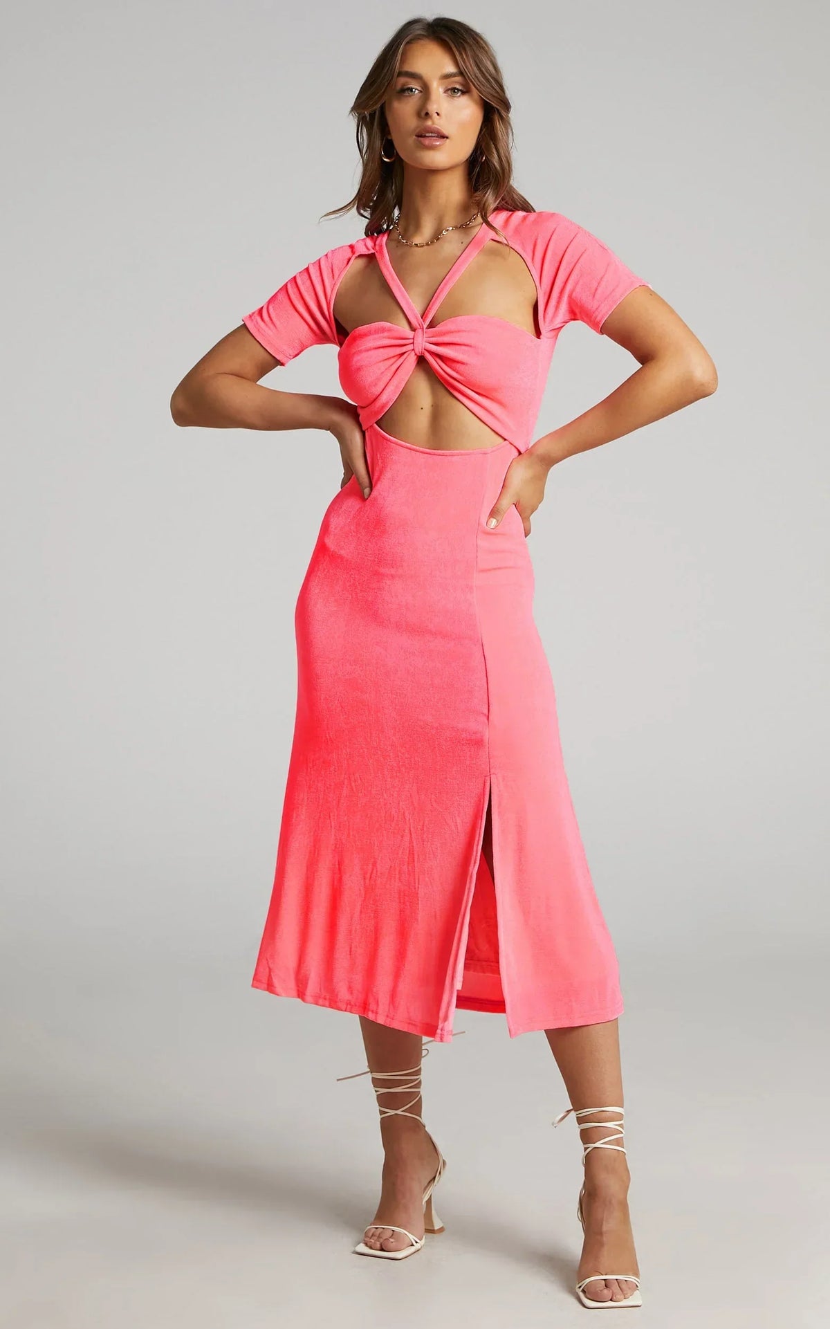 Lyanna Midi Dress - Cut Out Dress in Neon Pink