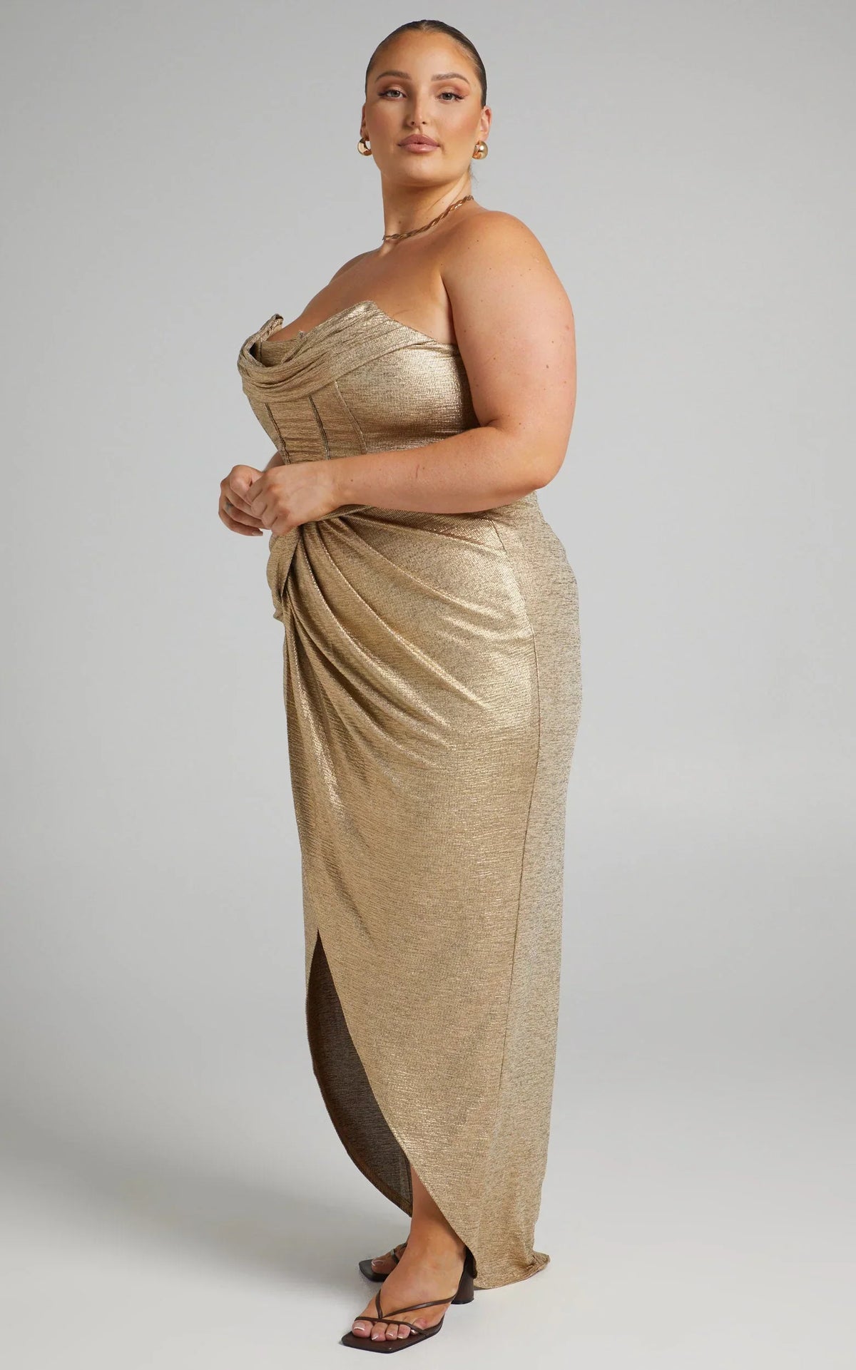 Adrie Midi Dress - Strapless Corset Bodice Dress in Gold