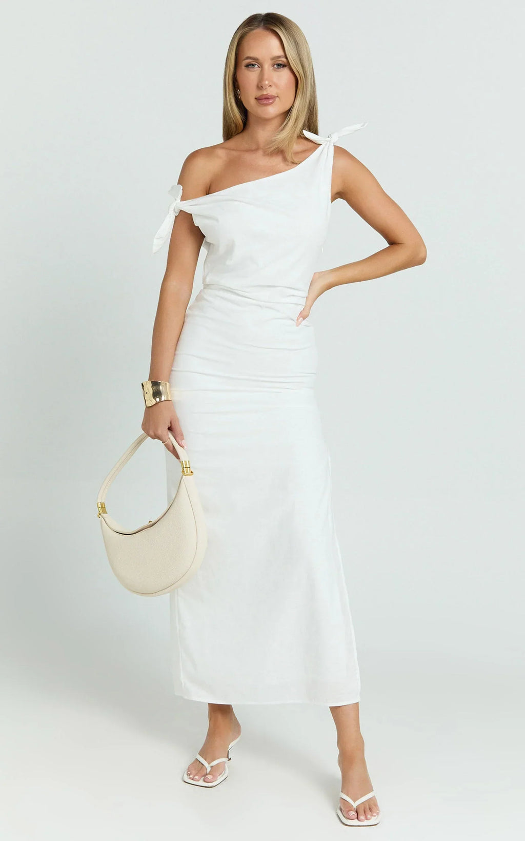 Cincinnati Midi Dress - Off The Shoulder Side Split Column Linen Dress in White