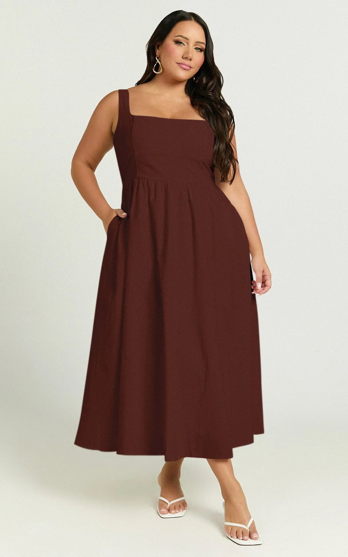 Khari Midi Dress - Linen Look Square A Line Dress in Chocolate
