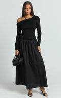 Lorna Midi Dress - One Shoulder Long Sleeve Dress in Black