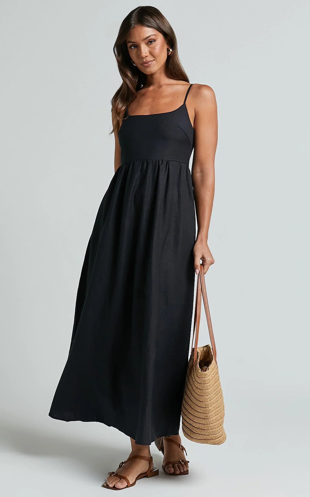 Kayrie Midi Dress - Strappy A Line Linen in Black