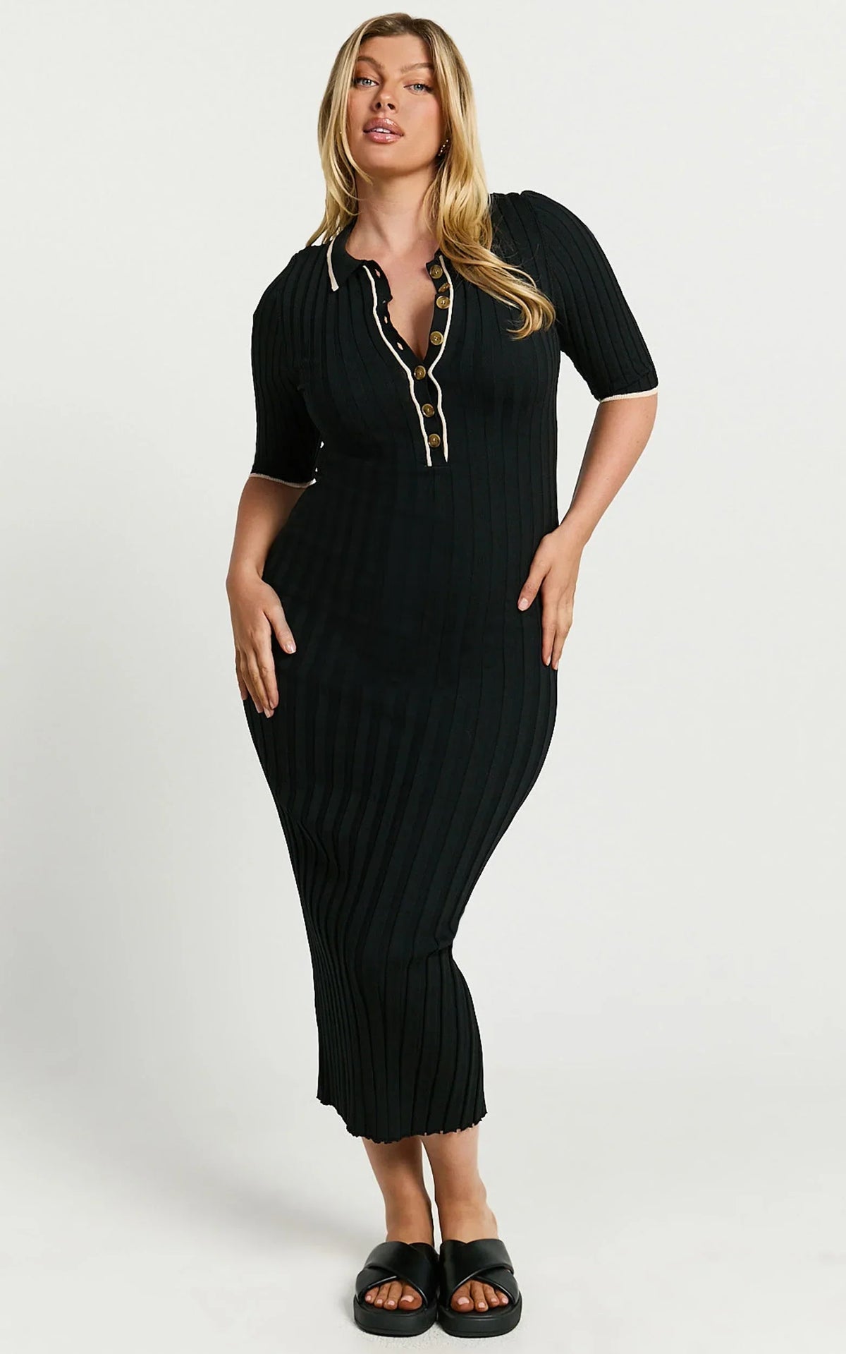 Lada Midi Dress - Short Sleeve Button Front Knit Dress in Black