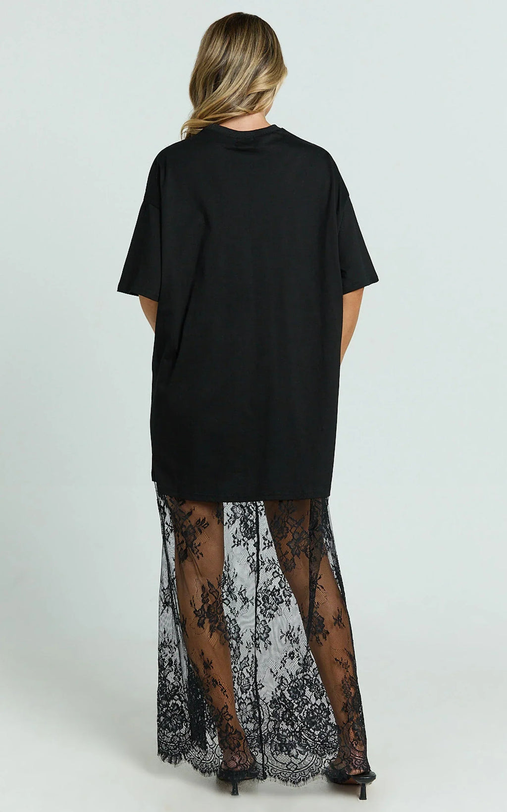 Jonna Midi Dress - Longline Lace Insert Tee in Black